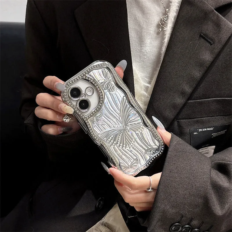 Cream epoxy electroplating diamond edge phone case with laser butterfly design for iPhone
