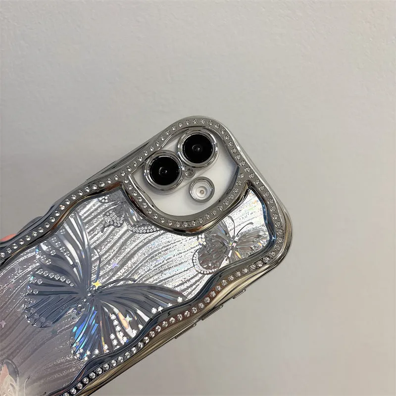 Cream epoxy electroplating diamond edge phone case with laser butterfly design for iPhone