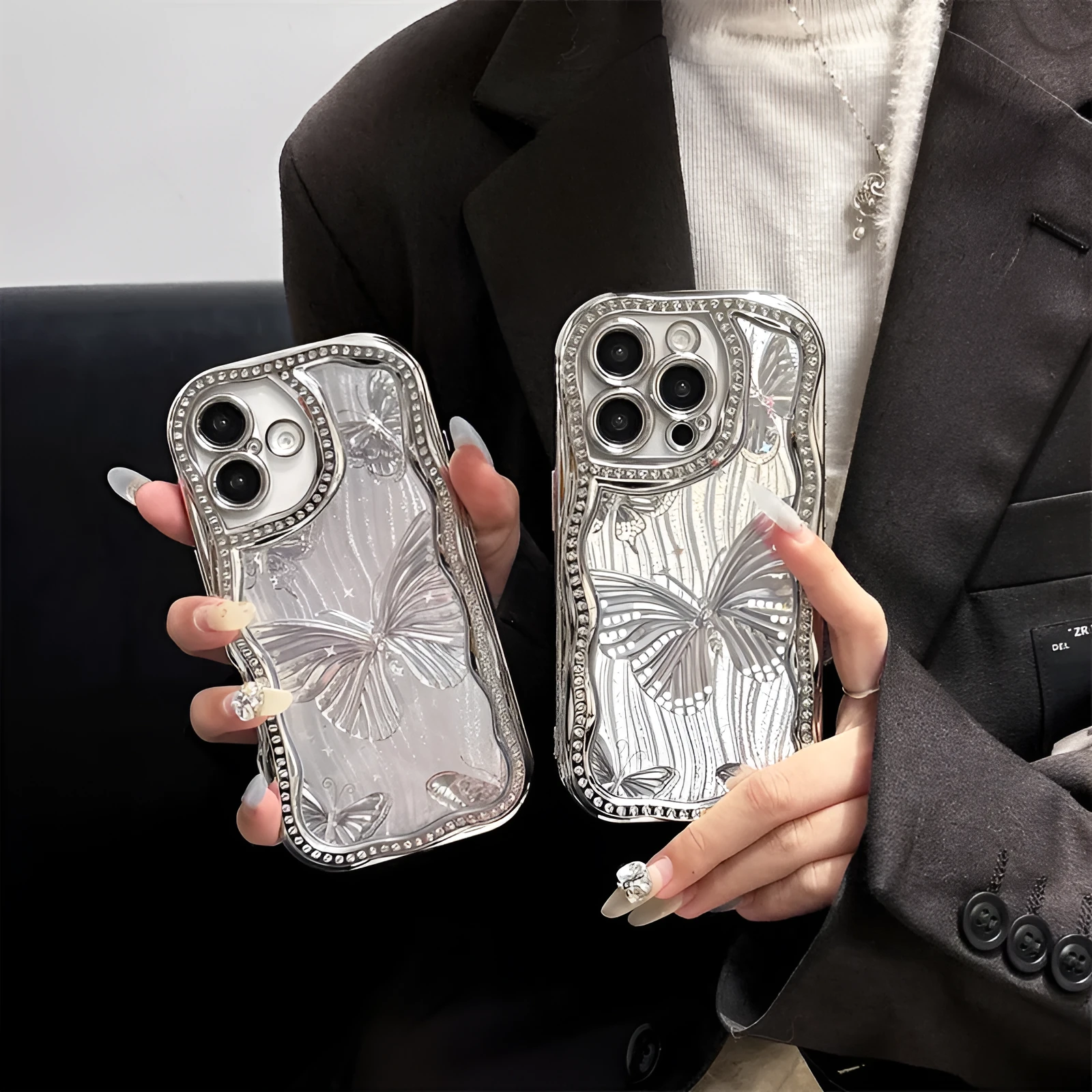 Cream epoxy electroplating diamond edge phone case with laser butterfly design for iPhone