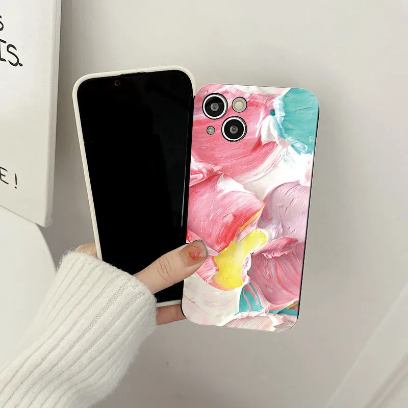 Oil painting flowers embossed PC phone case for iPhone with shockproof protection