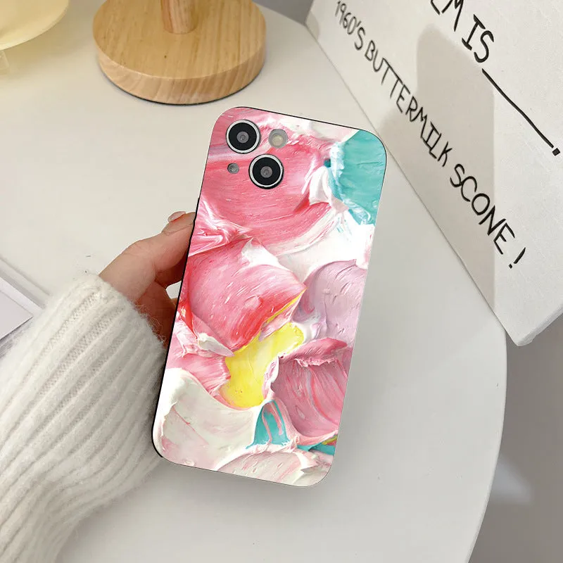 Oil painting flowers embossed PC phone case for iPhone with shockproof protection