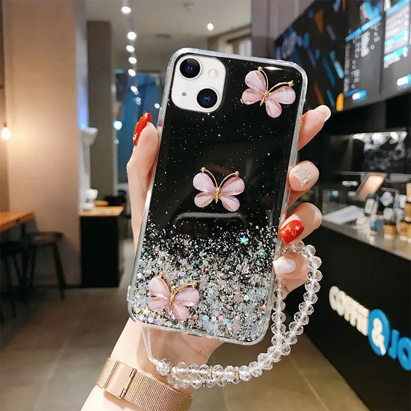 Glitter epoxy butterfly silicone phone case for Samsung with flash three butterflies design in pink