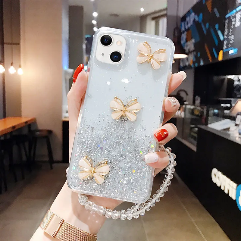 Glitter epoxy butterfly silicone phone case for Samsung with flash three butterflies design in pink