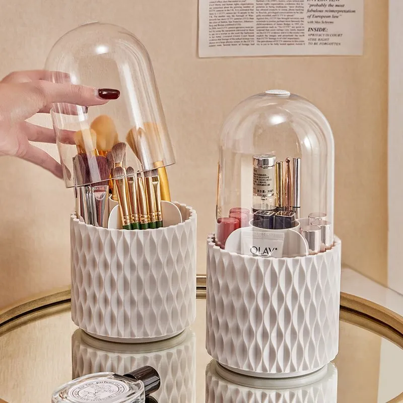White rotating acrylic makeup brush storage box with transparent sides and dustproof lid