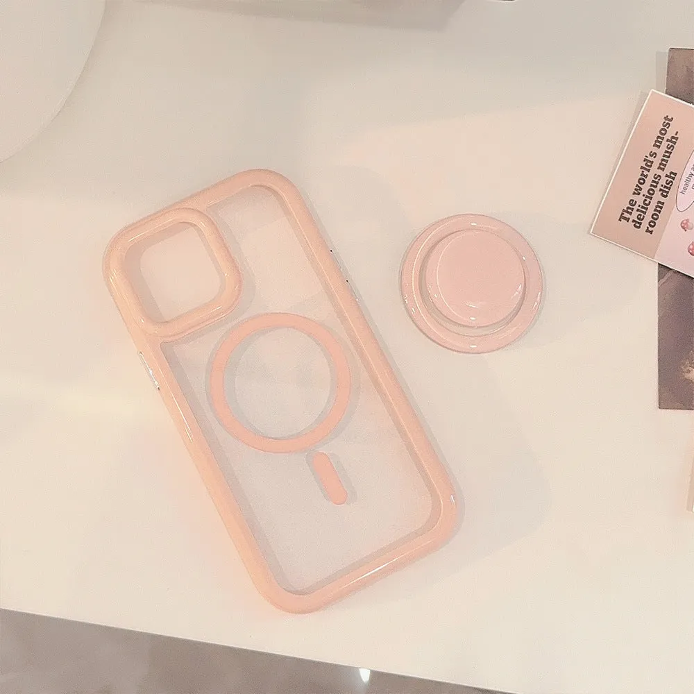 Magnetic bracket phone case for iPhone 16 in transparent style with black edge, showing stand flipped out