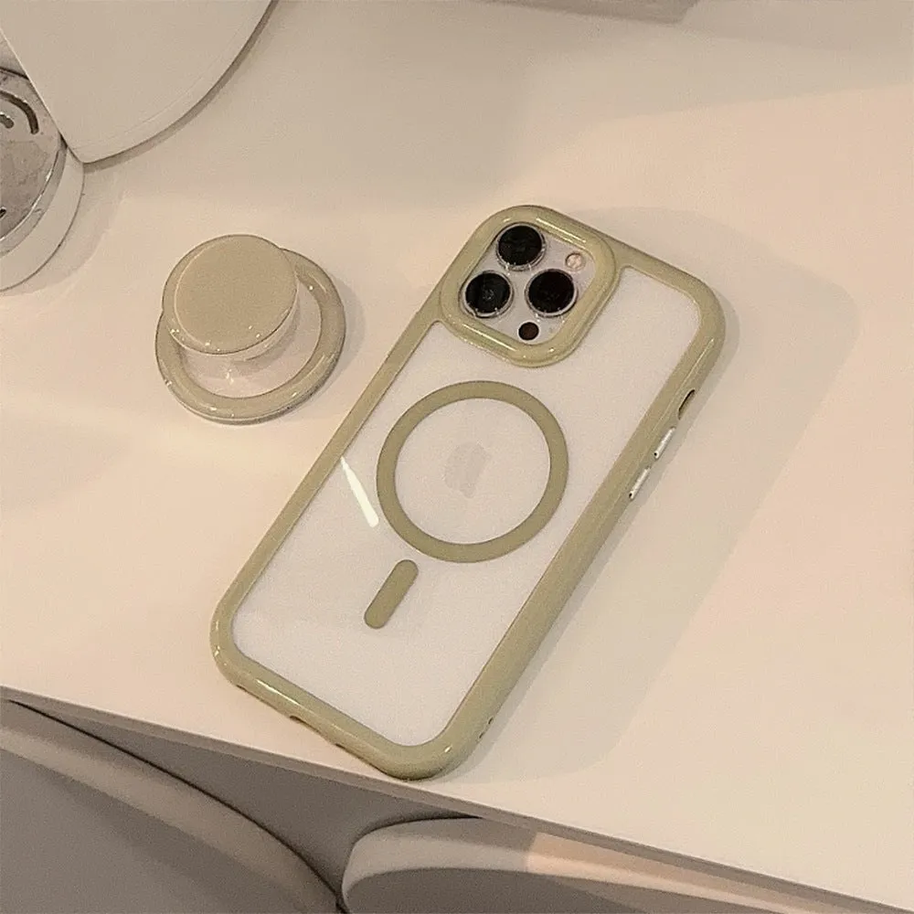 Solid colour magnetic bracket phone case for iPhone with acrylic back and magnetic edge in pink