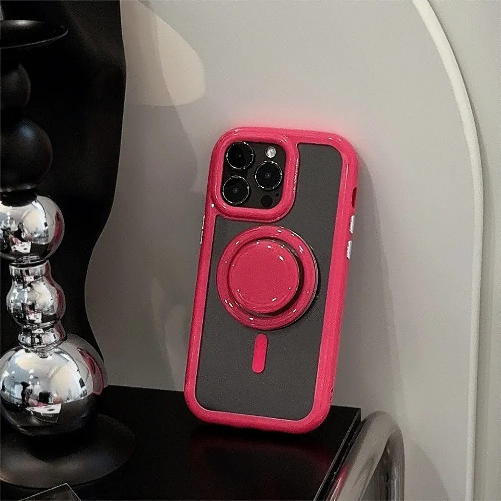 Solid colour magnetic bracket phone case for iPhone with acrylic back and magnetic edge in pink