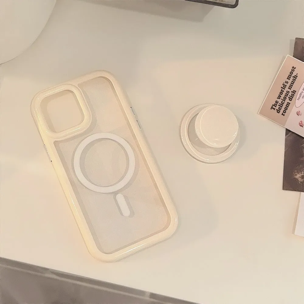 Solid colour magnetic bracket phone case for iPhone with acrylic back and magnetic edge in pink