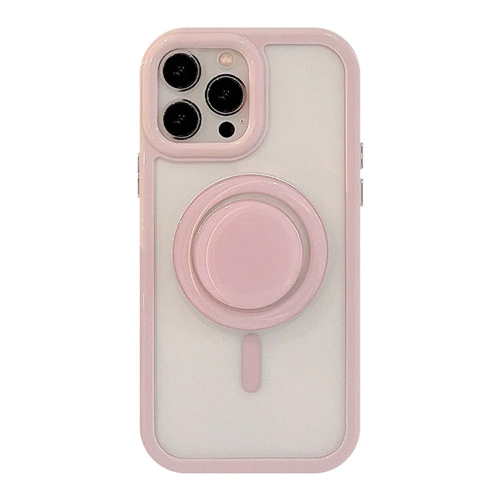 Solid colour magnetic bracket phone case for iPhone with acrylic back and magnetic edge in pink