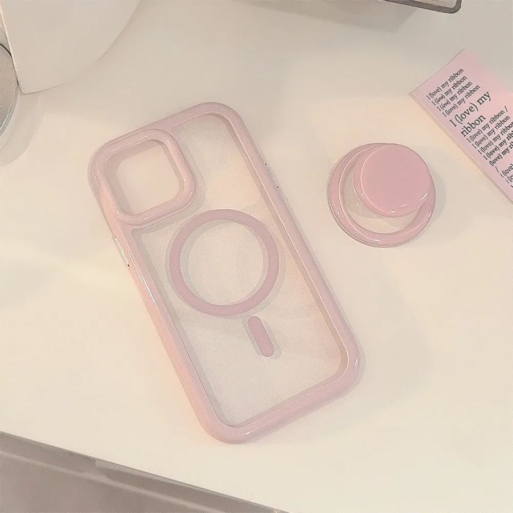 Solid colour magnetic bracket phone case for iPhone with acrylic back and magnetic edge in pink