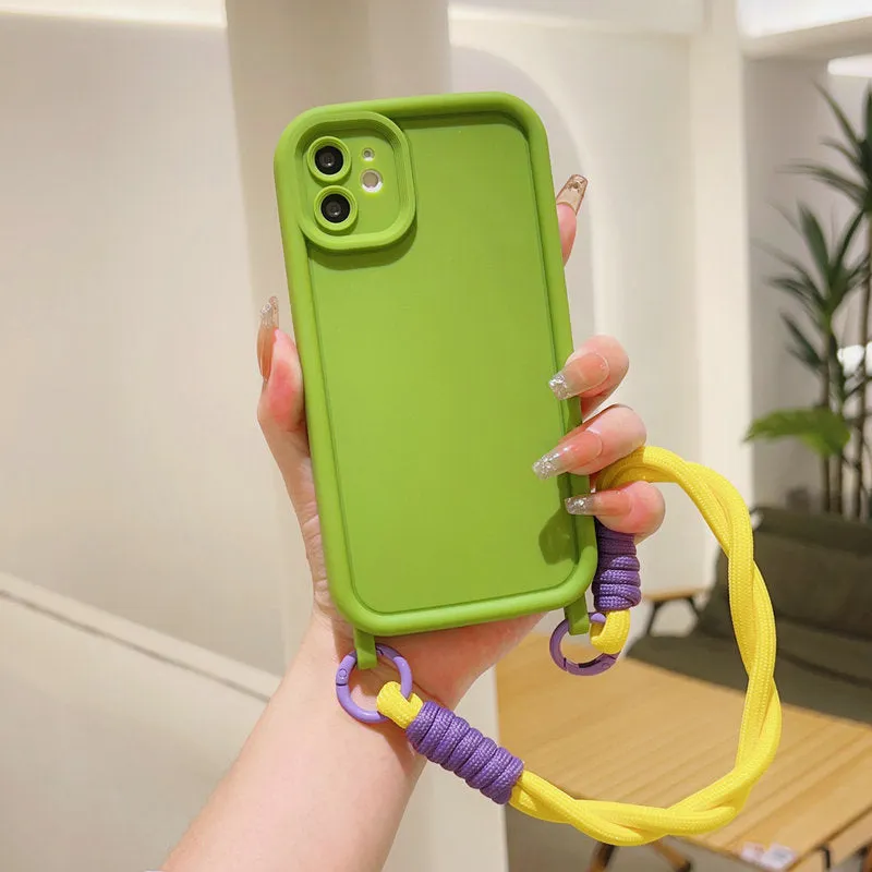 Liquid silicone phone case with lanyard for Apple iPhone black shell front view