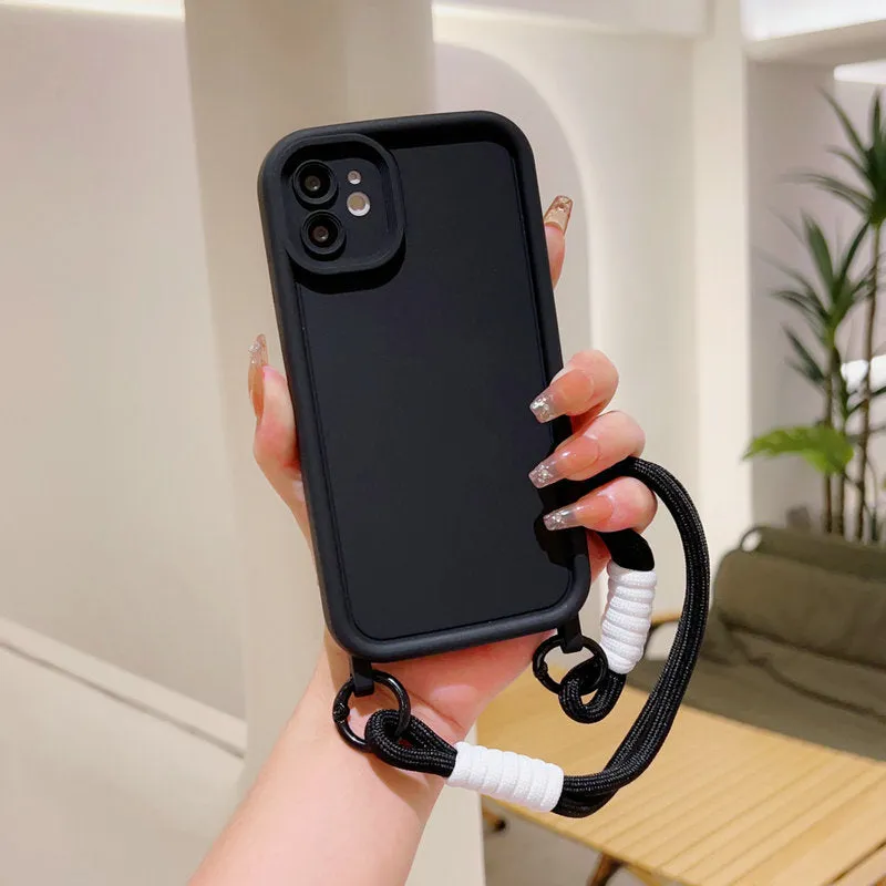 Liquid silicone phone case with lanyard for Apple iPhone black shell front view