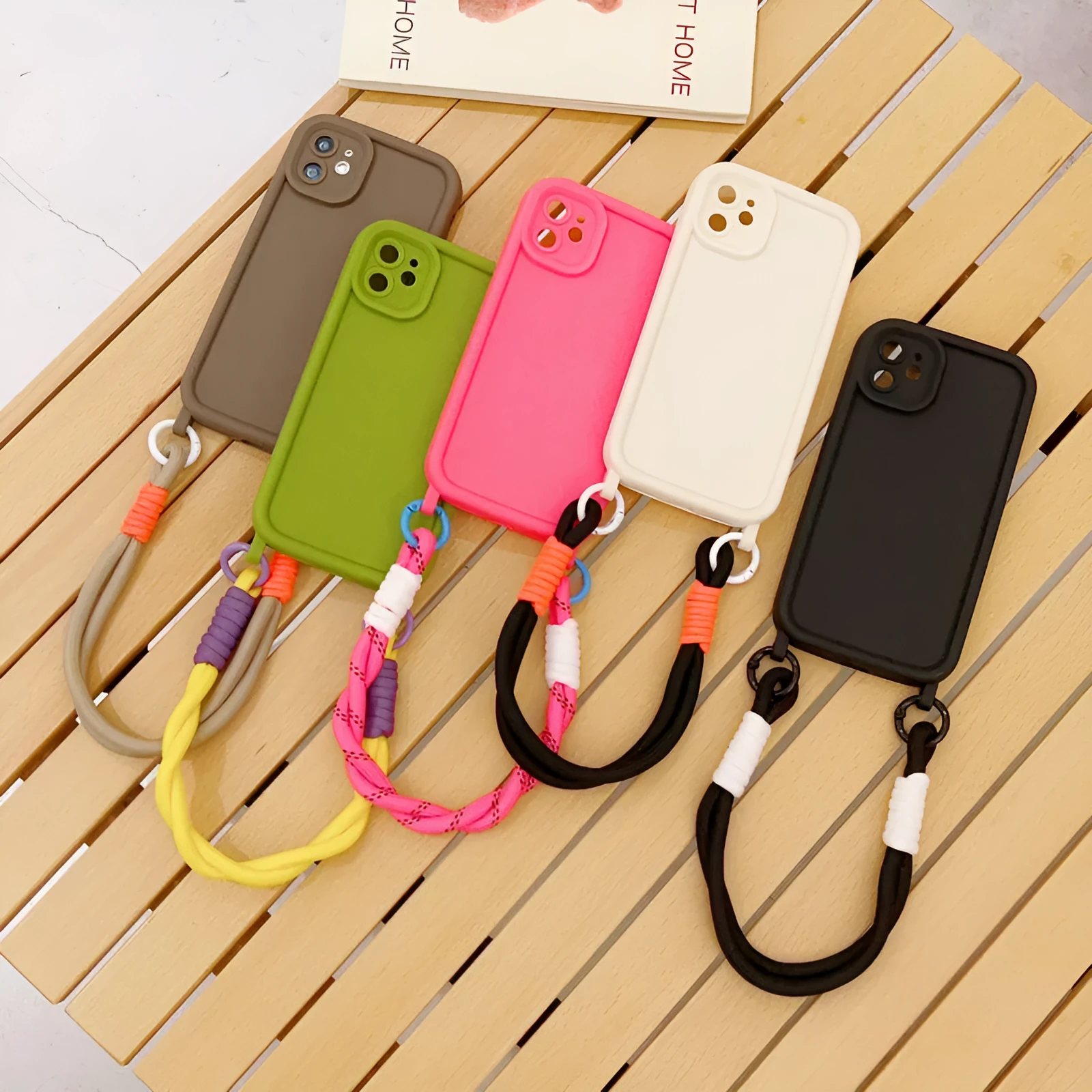 Liquid silicone phone case with lanyard for Apple iPhone black shell front view
