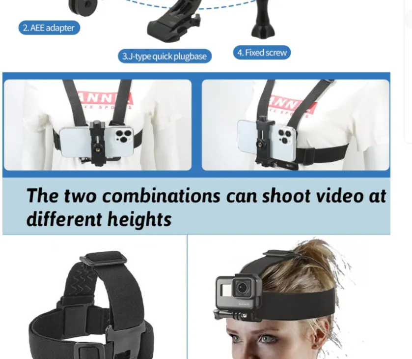 9-in-1 black chest strap and headband suit for sports cameras and smartphones on a plain background