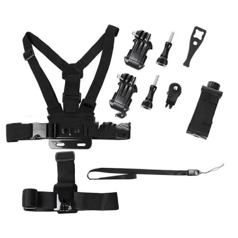 9-in-1 black chest strap and headband suit for sports cameras and smartphones on a plain background