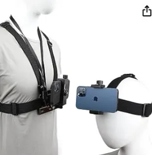 9-in-1 black chest strap and headband suit for sports cameras and smartphones on a plain background