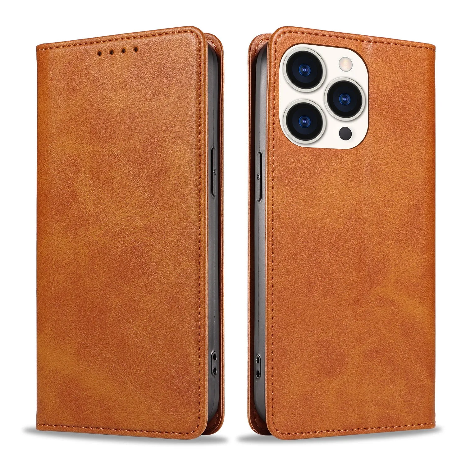 Faux leather magnetic flip phone case in brown with built-in bracket, compatible with iPhone