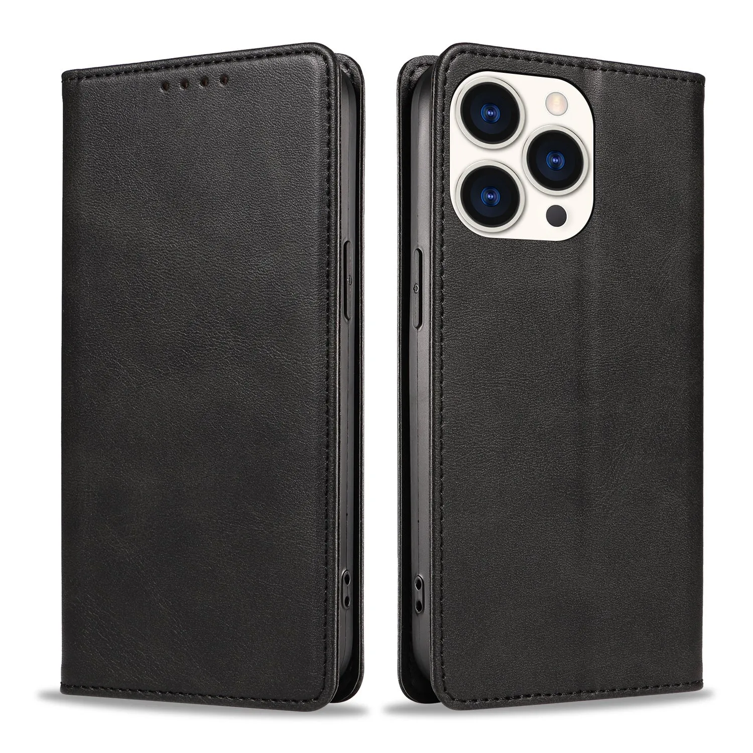 Faux leather magnetic flip phone case in brown with built-in bracket, compatible with iPhone