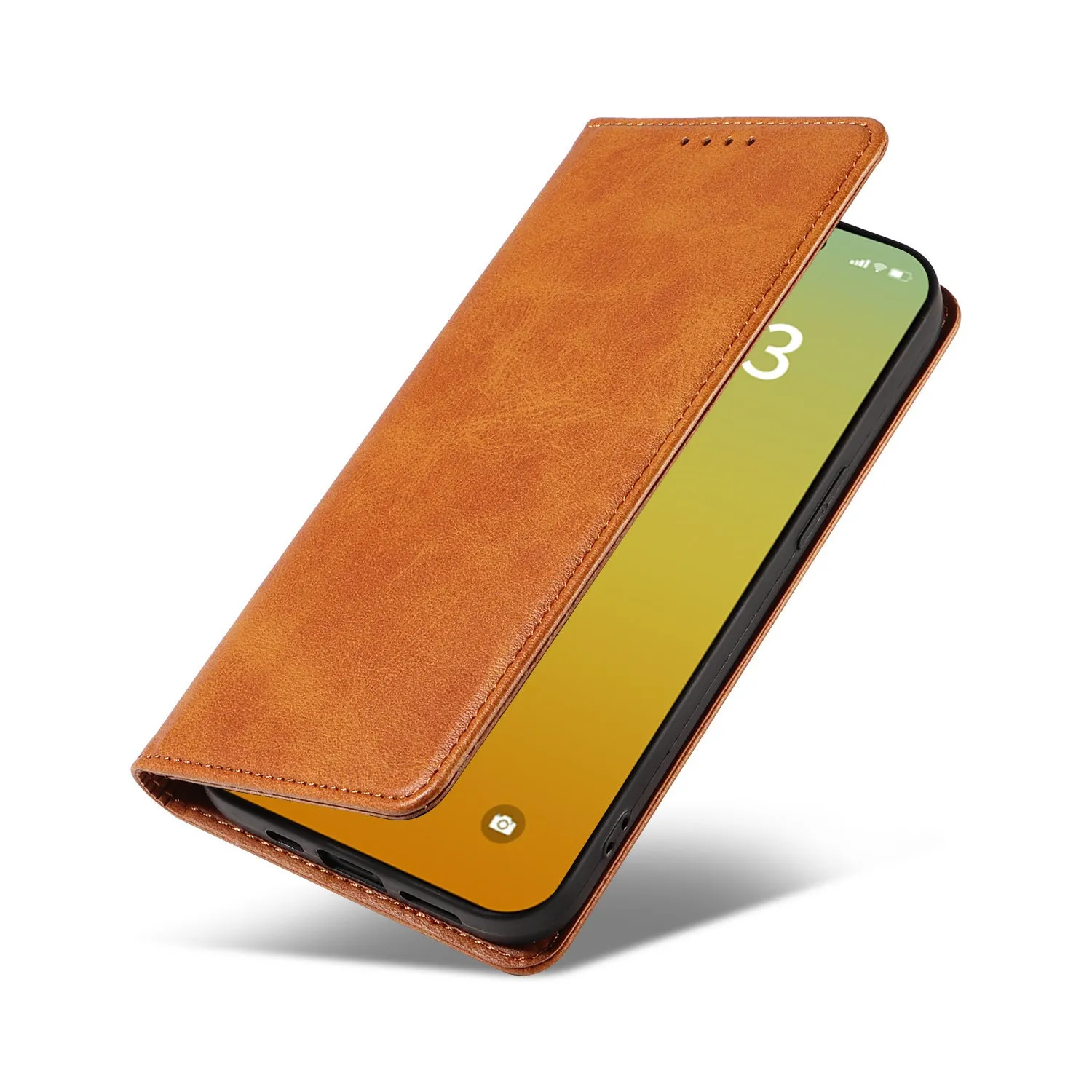 Faux leather magnetic flip phone case in brown with built-in bracket, compatible with iPhone
