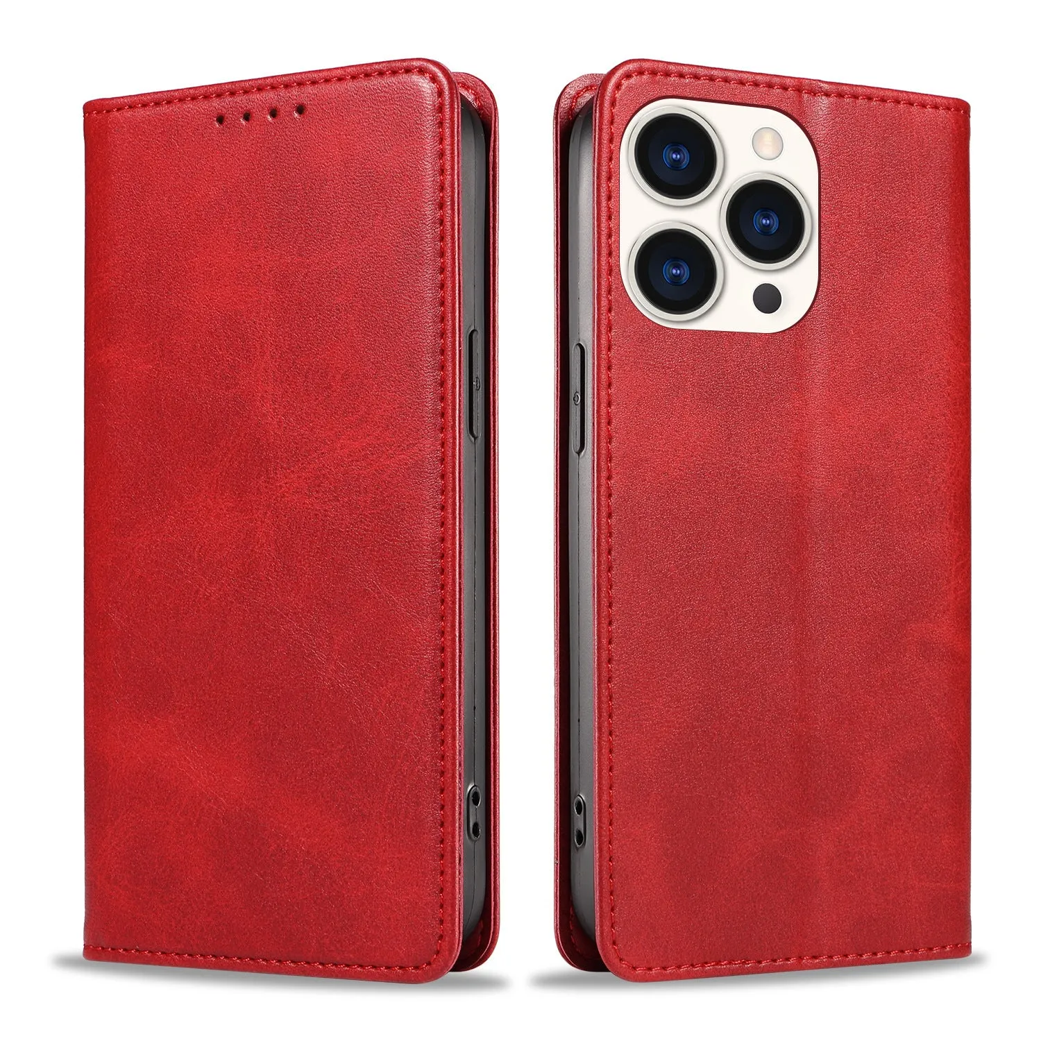 Faux leather magnetic flip phone case in brown with built-in bracket, compatible with iPhone