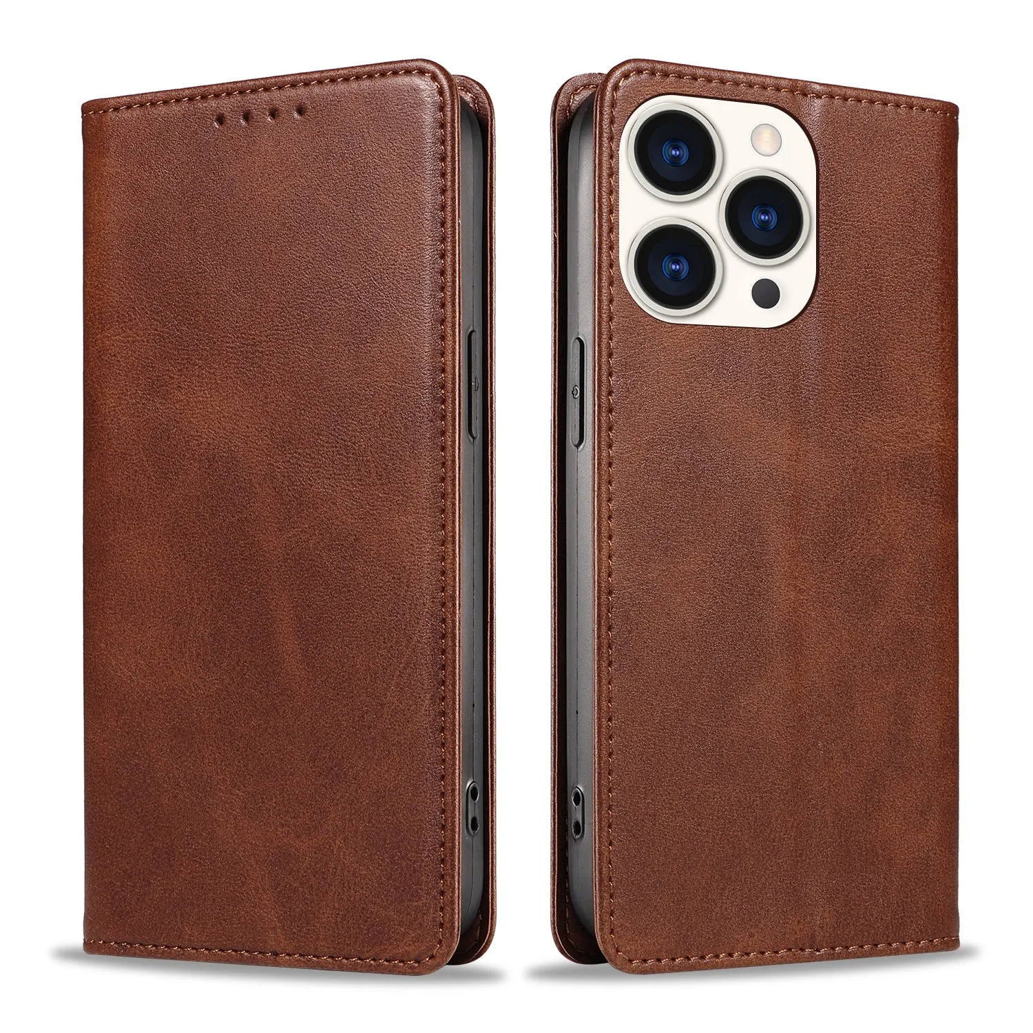 Faux leather magnetic flip phone case in brown with built-in bracket, compatible with iPhone