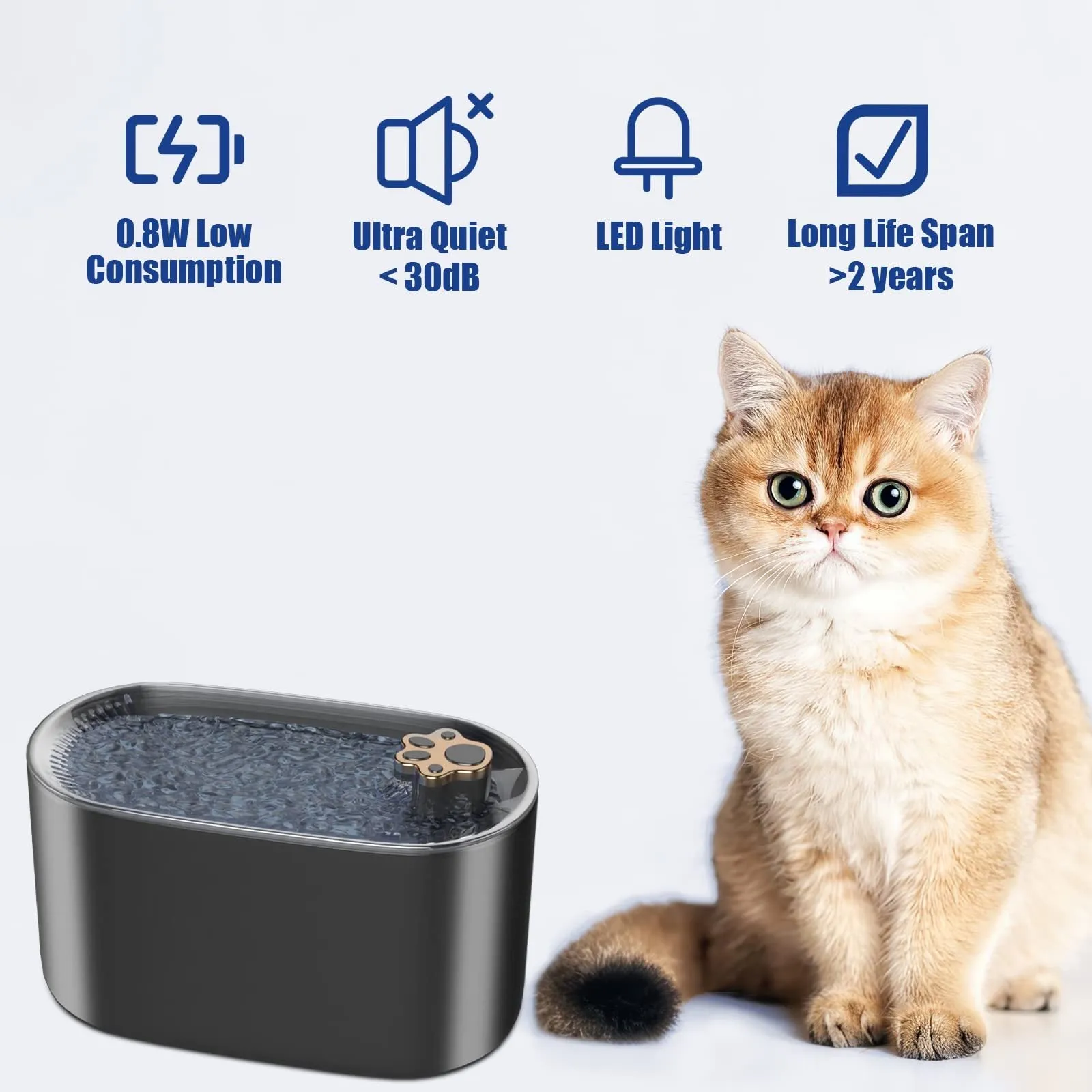 Berlin blue automatic pet water fountain with quiet pump and triple filter on floor.