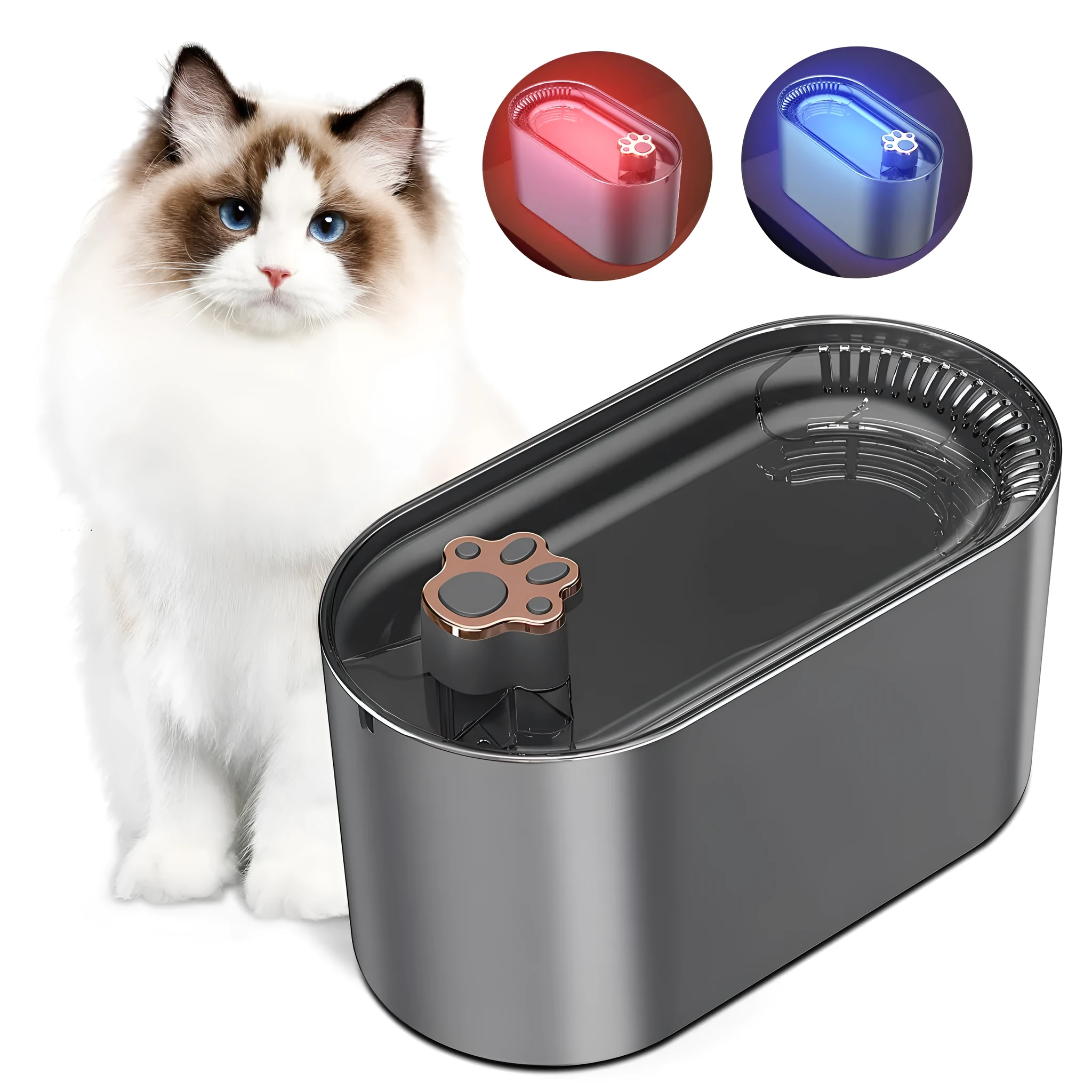 Berlin blue automatic pet water fountain with quiet pump and triple filter on floor.