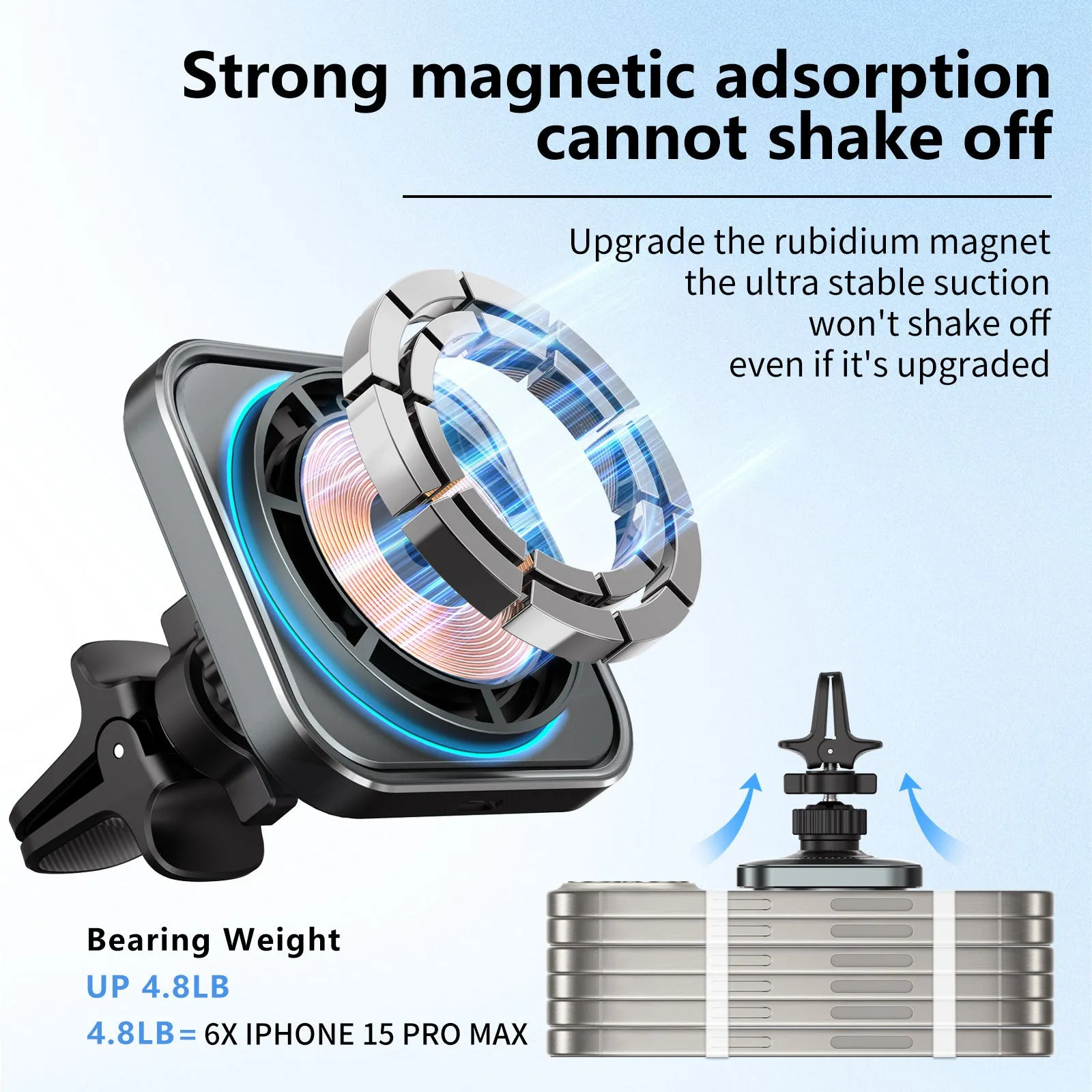 Magnetic car wireless charger holder M69 with USB output and bracket for vehicle vent mounting