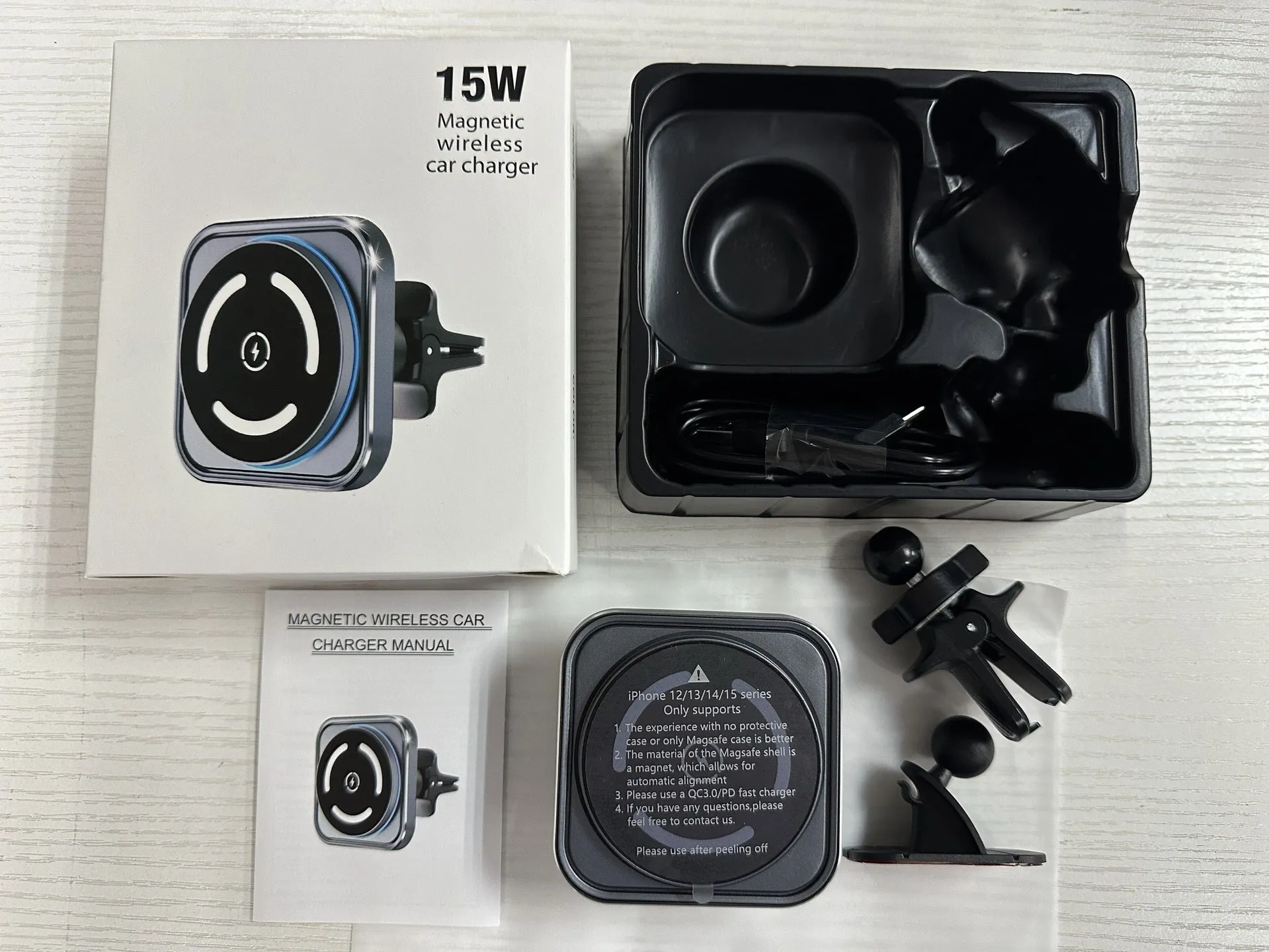 Magnetic car wireless charger holder M69 with USB output and bracket for vehicle vent mounting