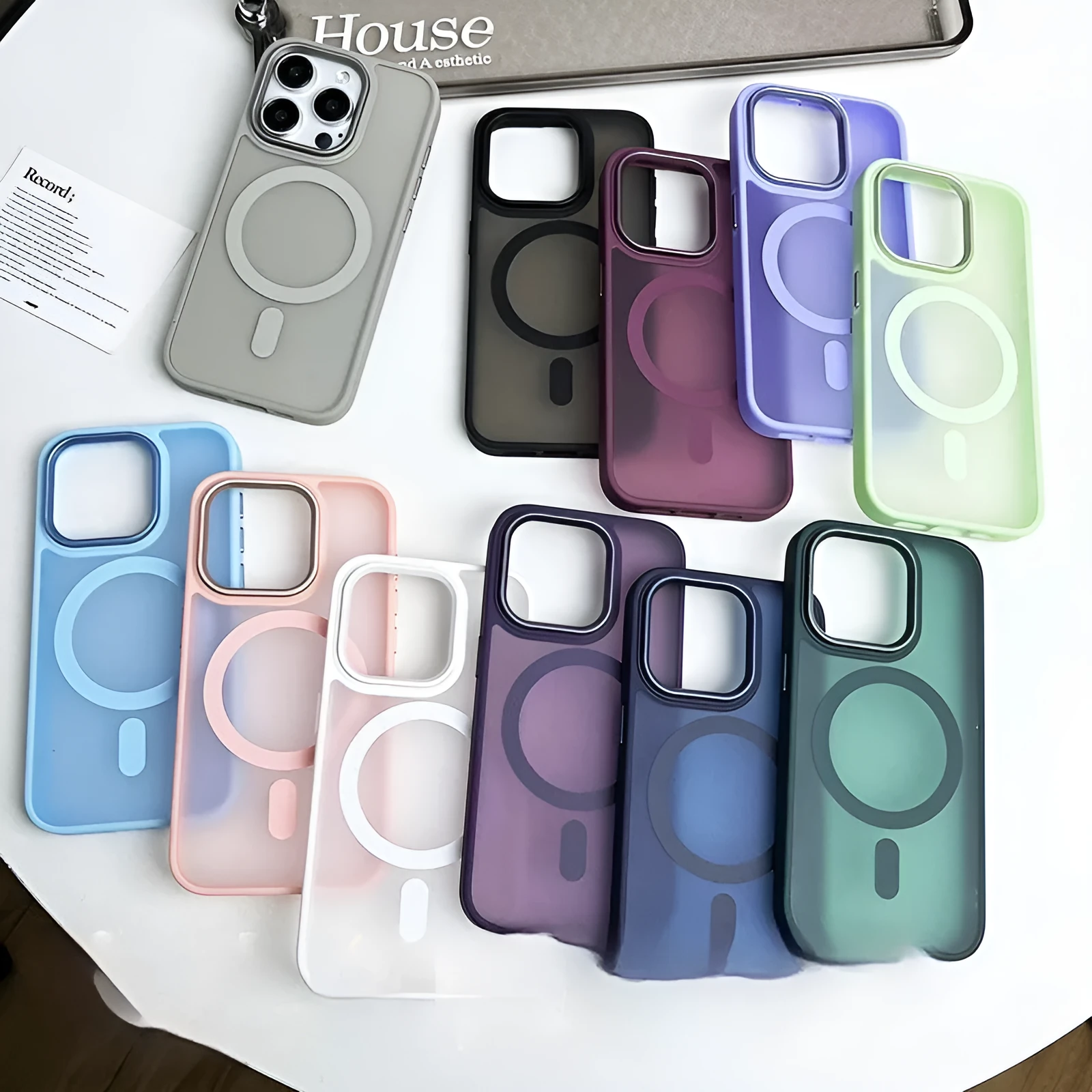 Large hole frosted magnetic phone case for iPhone in black with built-in magnetic backing