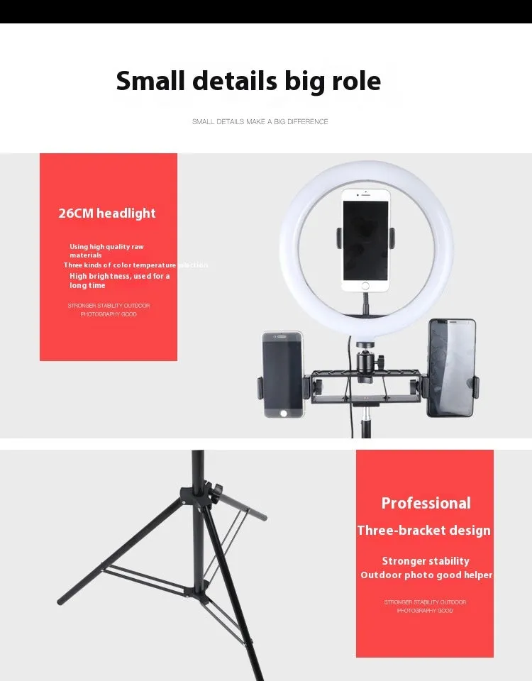 Floor mobile phone bracket with cross bar tray, microphone, beauty fill light, and tripod set