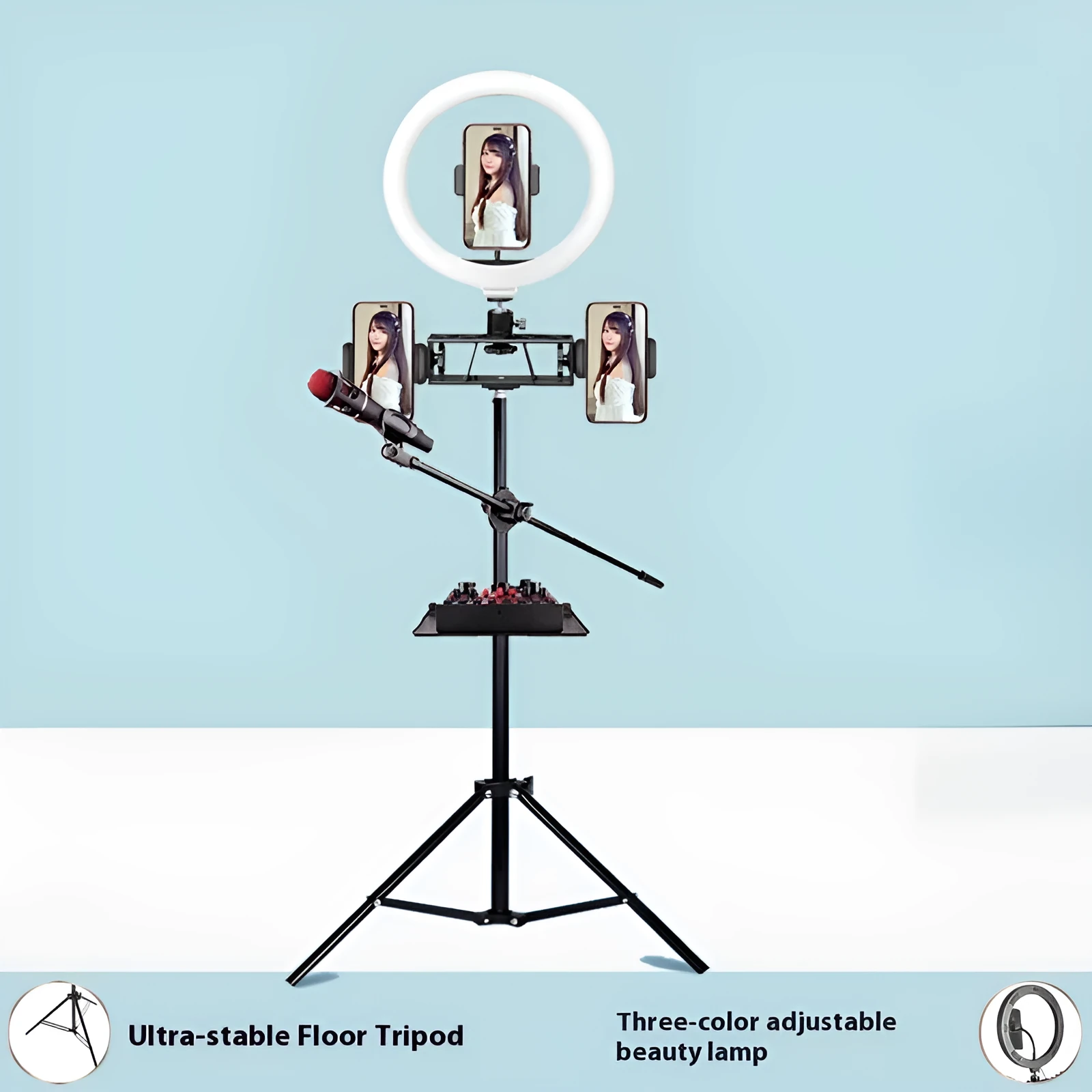 Floor mobile phone bracket with cross bar tray, microphone, beauty fill light, and tripod set