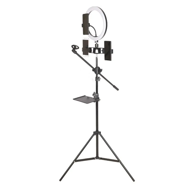 Floor mobile phone bracket with cross bar tray, microphone, beauty fill light, and tripod set