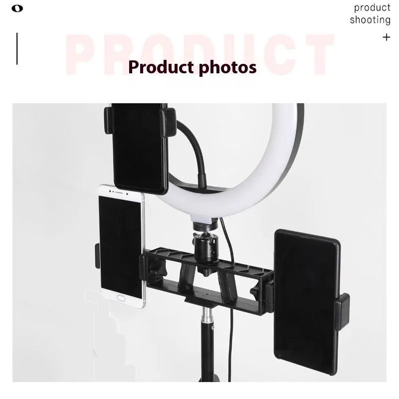 Floor mobile phone bracket with cross bar tray, microphone, beauty fill light, and tripod set