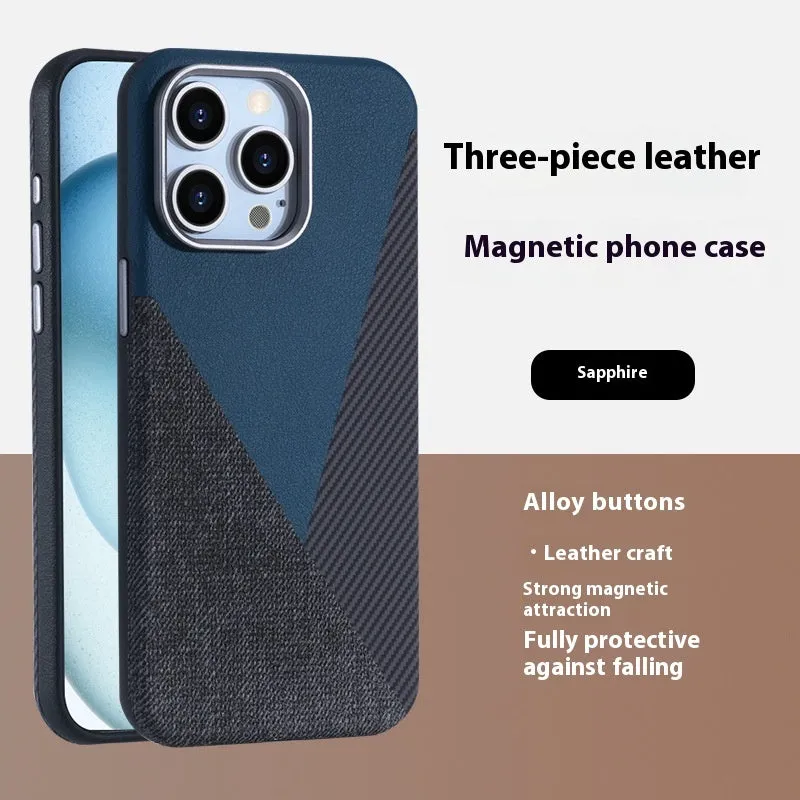 iPhone 15 Pro magnetic phone case with three-combination pigment leather finish in sapphire blue