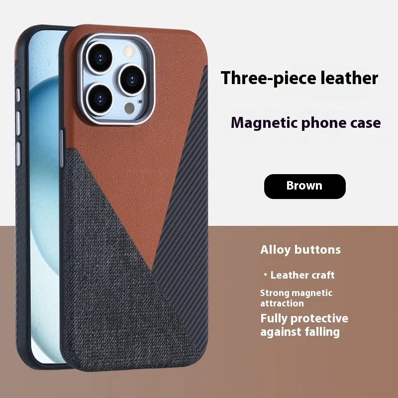 iPhone 15 Pro magnetic phone case with three-combination pigment leather finish in sapphire blue