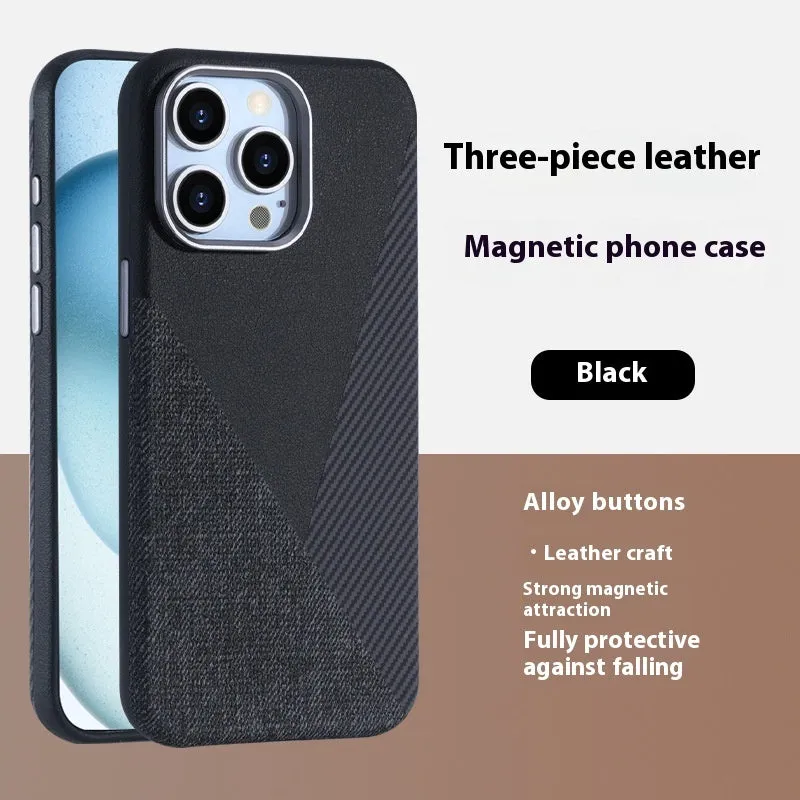 iPhone 15 Pro magnetic phone case with three-combination pigment leather finish in sapphire blue