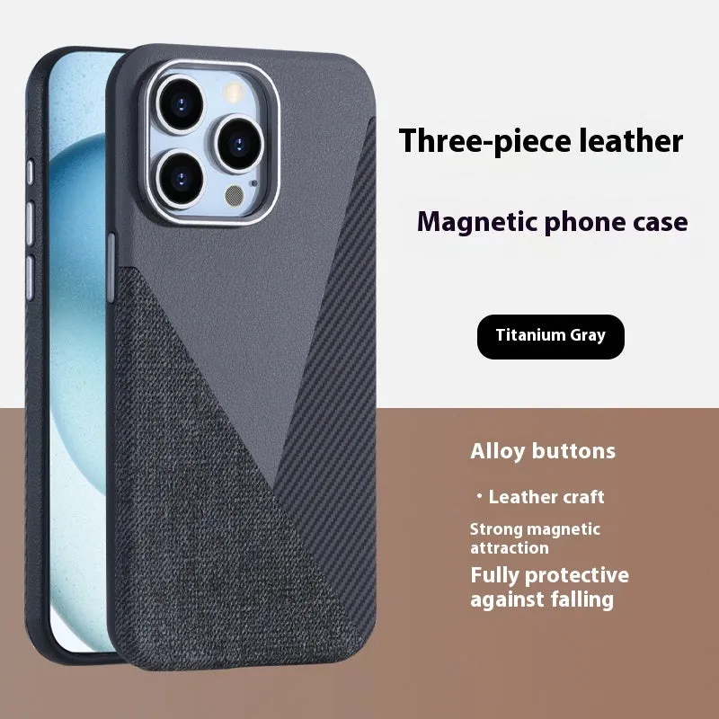 iPhone 15 Pro magnetic phone case with three-combination pigment leather finish in sapphire blue