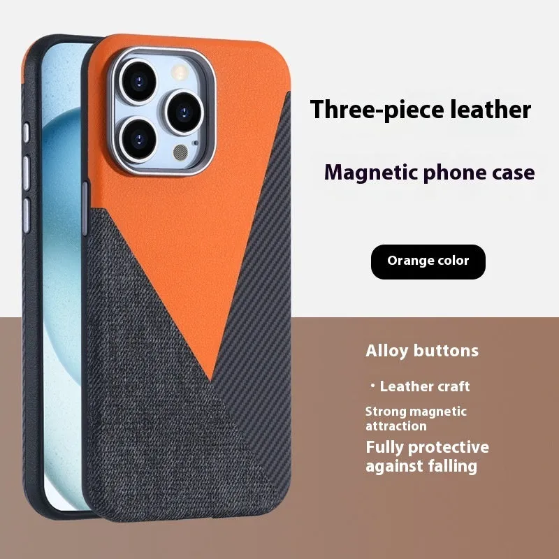 iPhone 15 Pro magnetic phone case with three-combination pigment leather finish in sapphire blue