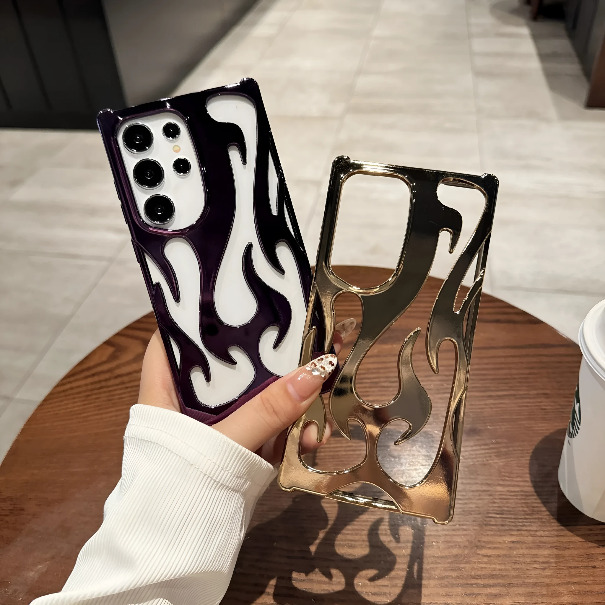 Samsung S24 hollow flame pattern drop-resistant TPU phone case in black electroplated finish