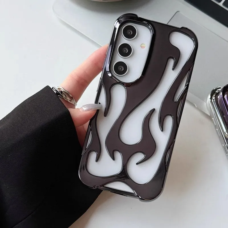 Samsung S24 hollow flame pattern drop-resistant TPU phone case in black electroplated finish