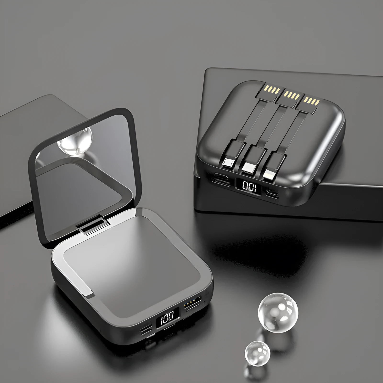 Comes With Line Beauty Mirror Power Bank in cool black plastic shell with integrated mirror