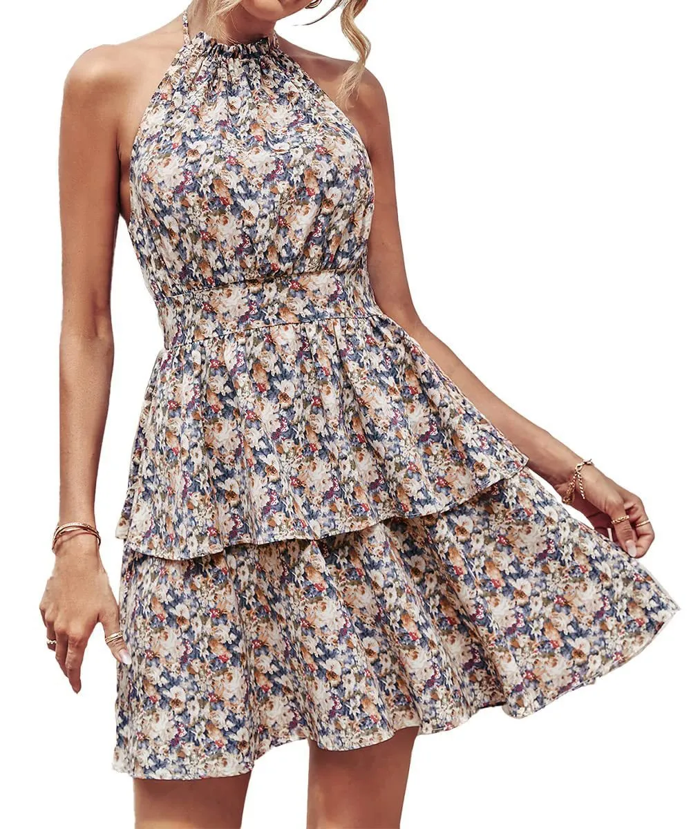 Women's backless halter summer dress with ruffled A-line skirt in a solid colour print.