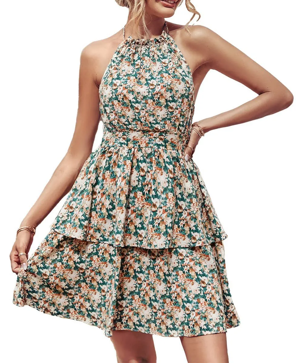 Women's backless halter summer dress with ruffled A-line skirt in a solid colour print.