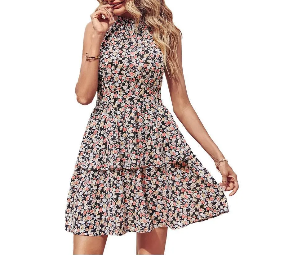 Women's backless halter summer dress with ruffled A-line skirt in a solid colour print.