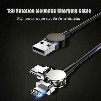 Rotating magnetic three-in-one charging cable with blind magnetic connector in 1m length, black colour, with interchangeable Apple, Type-C, and Android heads