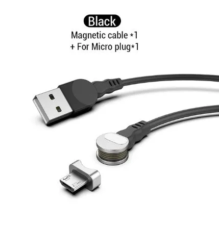 Rotating magnetic three-in-one charging cable with blind magnetic connector in 1m length, black colour, with interchangeable Apple, Type-C, and Android heads