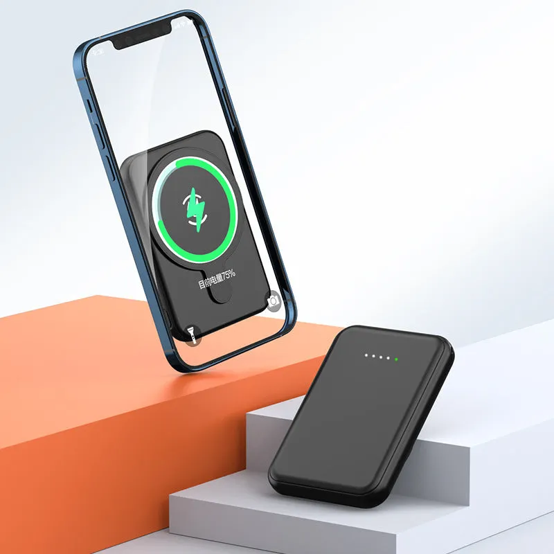 Portable magnetic wireless charging power supply 5000mAh in white, showing slim plastic shell and compact size