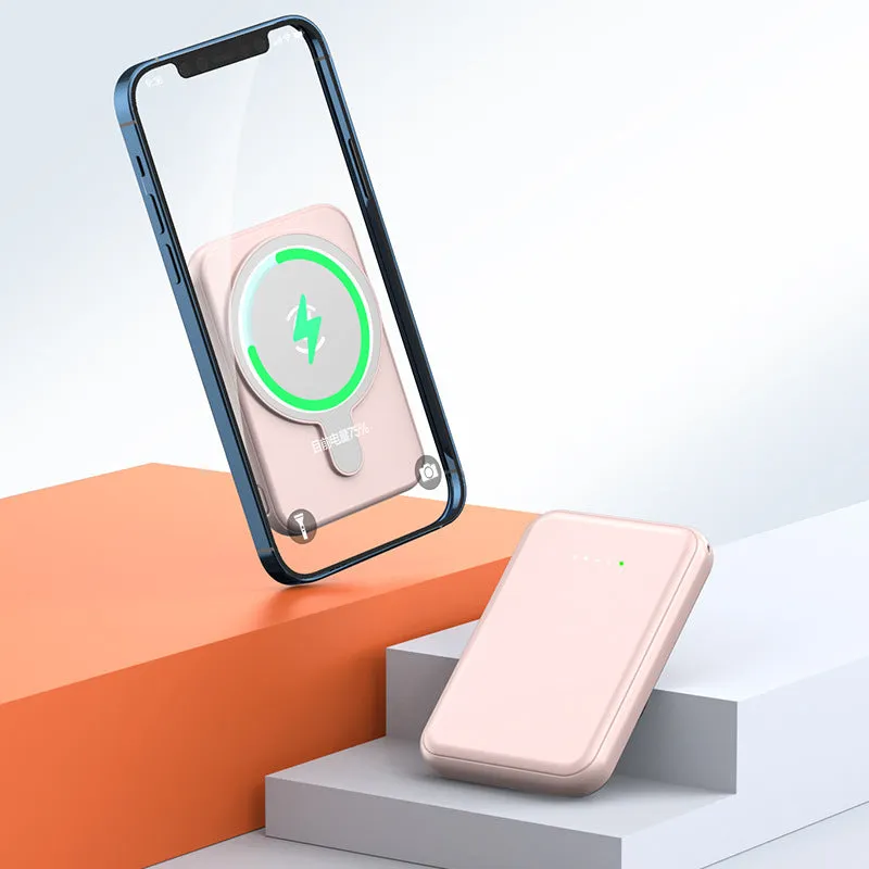 Portable magnetic wireless charging power supply 5000mAh in white, showing slim plastic shell and compact size