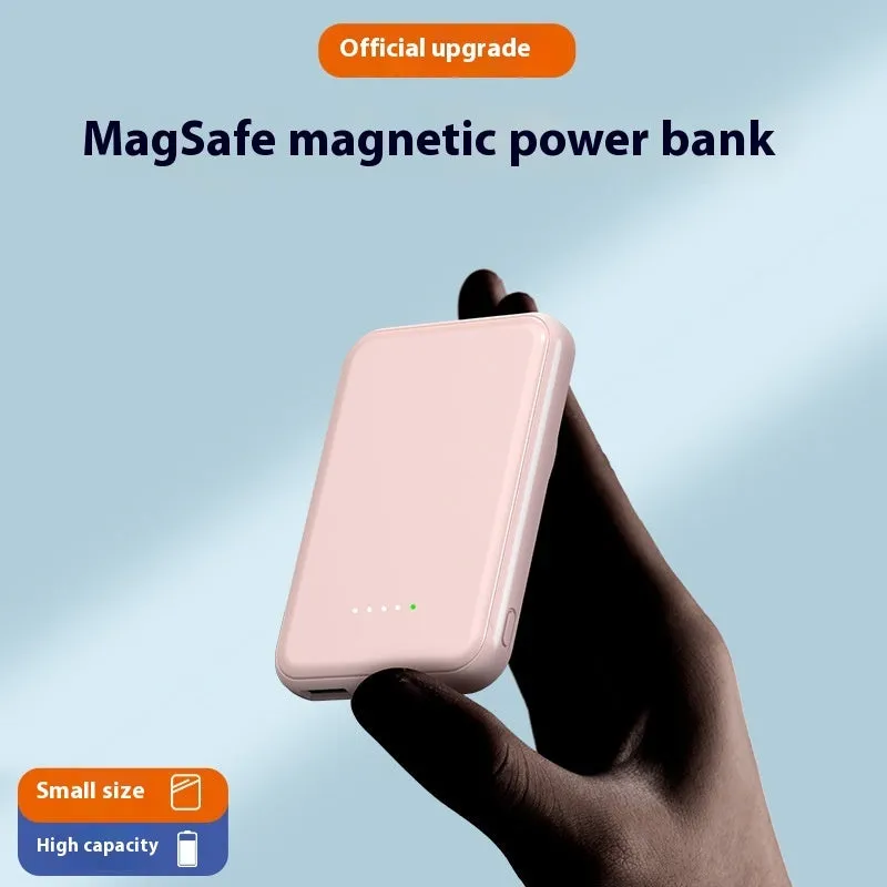 Portable magnetic wireless charging power supply 5000mAh in white, showing slim plastic shell and compact size